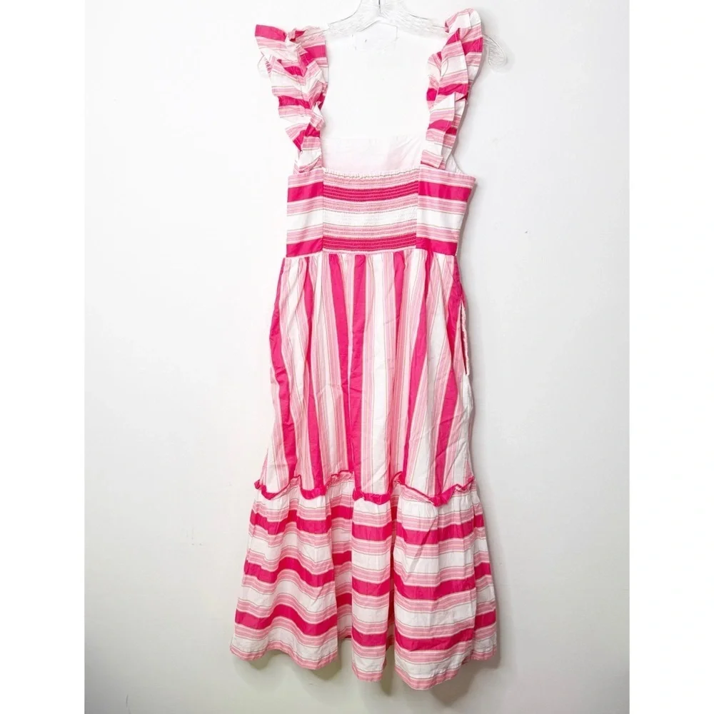 J. CREW | Striped Pink and White 100% Cotton Ruffle Straps Midi Dress Sz. 6